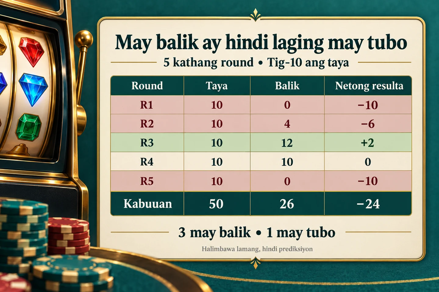 Five fake rounds of 10 stakes each, returns of 0, 4, 12, 10 and 0; total stake 50, return 26, net −24. Three have a return, one has a profit.