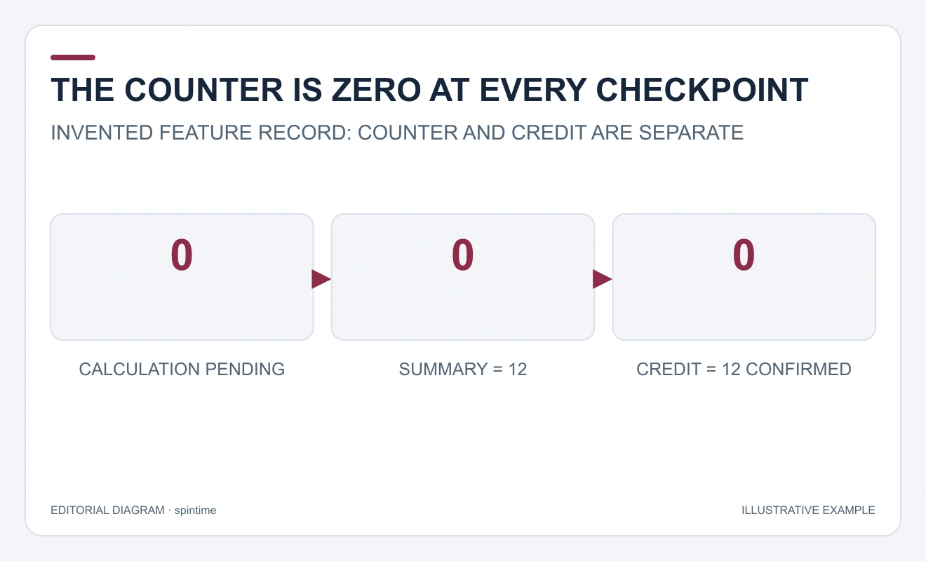 Three zero-counter states progress from pending calculation to a twelve-unit summary and then a confirmed twelve-unit credit.