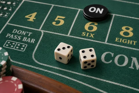 Illustrative craps dice showing a total of seven beside an ON puck on point six.