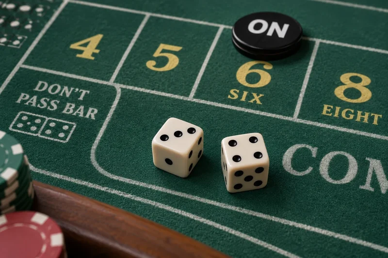 Illustrative craps dice showing a total of seven beside an ON puck on point six.