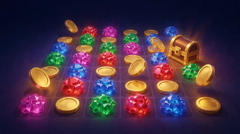An 8 by 8 board of glowing ruby, emerald, sapphire and violet gem clusters with gold coins scattered across it and a gold treasure chest at the right