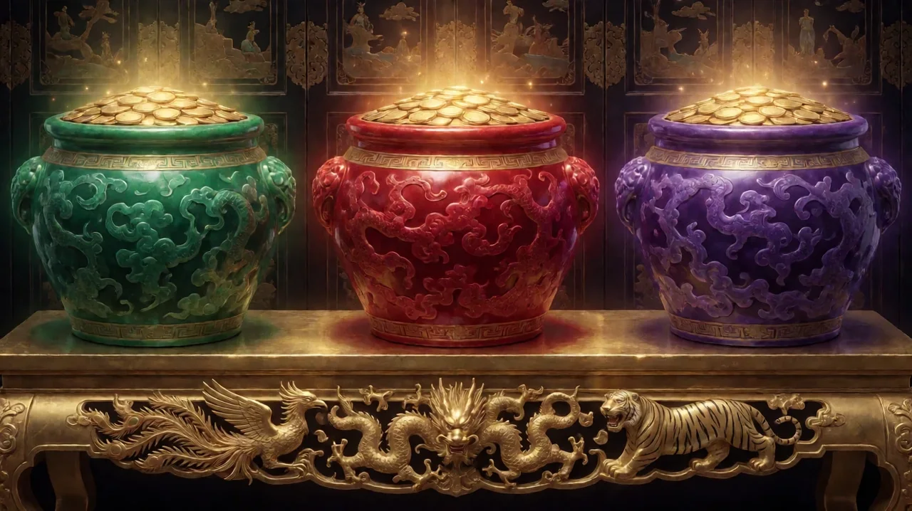 Three glowing ceramic pots in jade, ruby and purple filled with gold coins on a gold shelf carved with a phoenix, dragon and tiger