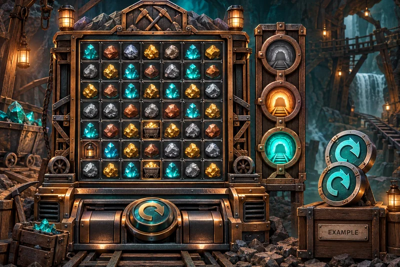 Original mining slot concept with ore carts, a mine-level gauge, and separate spin-arrow tokens labelled Example.